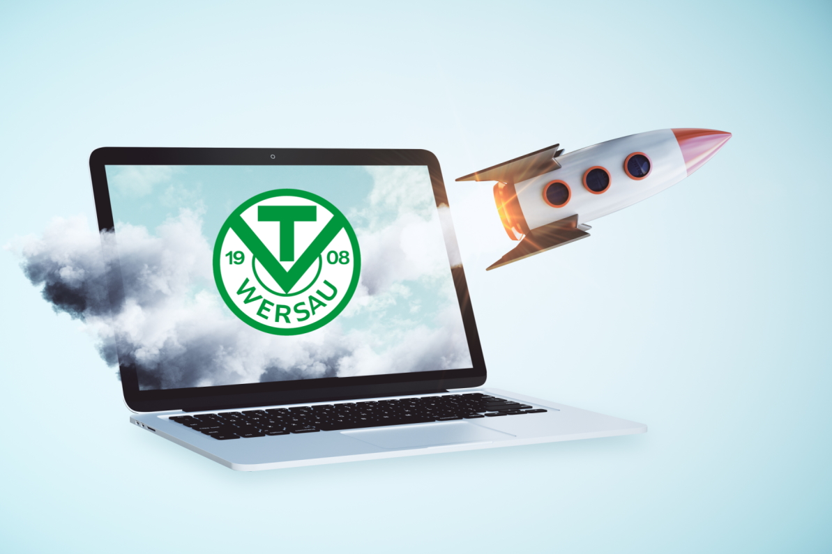 Launching rocker on laptop screen. Blue background. Online startup concept. 3D Rendering
